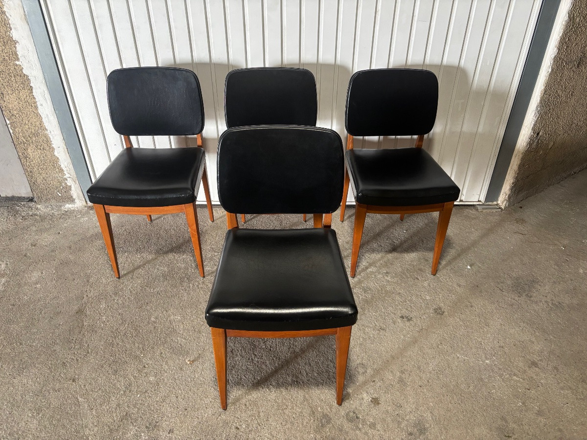 Set Of 4 Danish Chairs In Solid Wood And Black Vinyl – Scandinavian Design, 1960s-photo-2