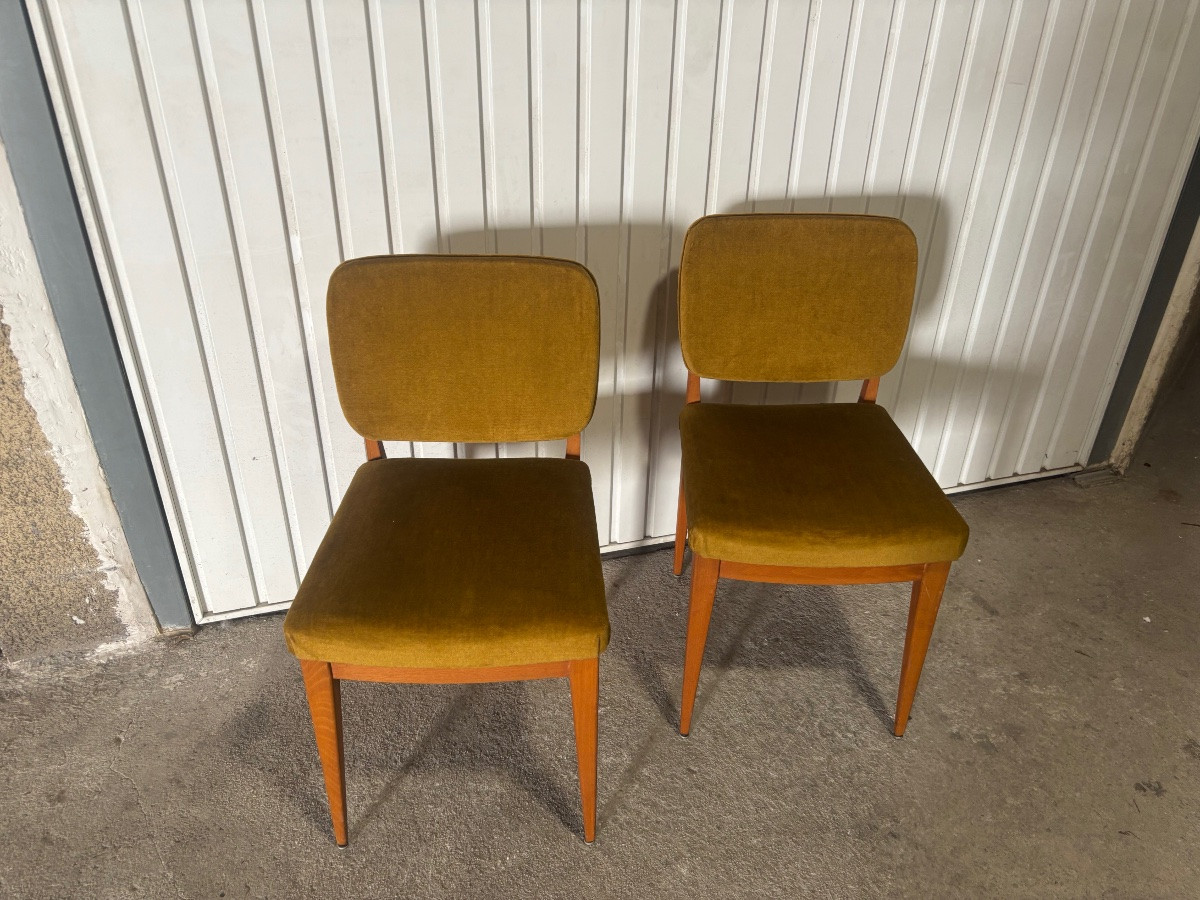 Pair Of Scandinavian Chairs In Solid Wood And Velvet – 1960s-photo-1