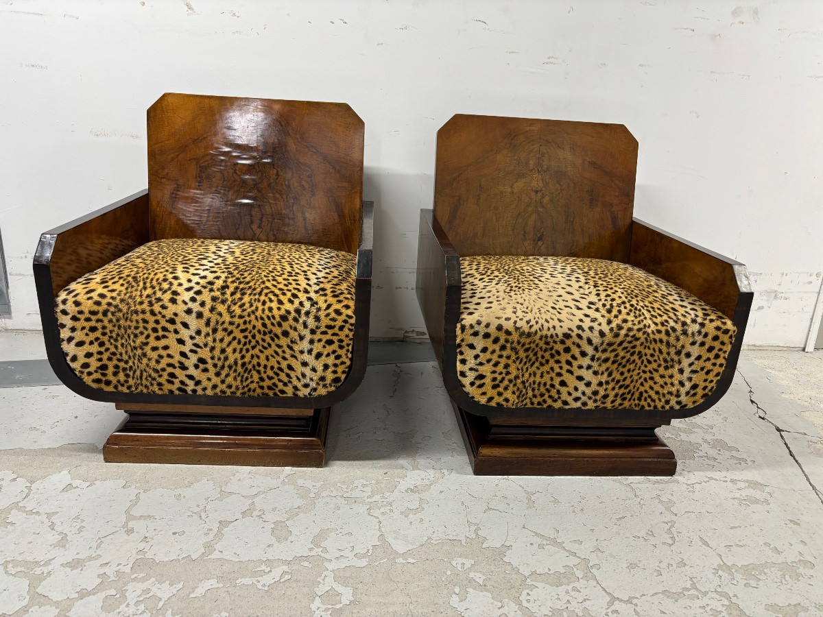 Paire de fauteuils Art Déco en placage de noyer et assise léopard  vers 1930-photo-2