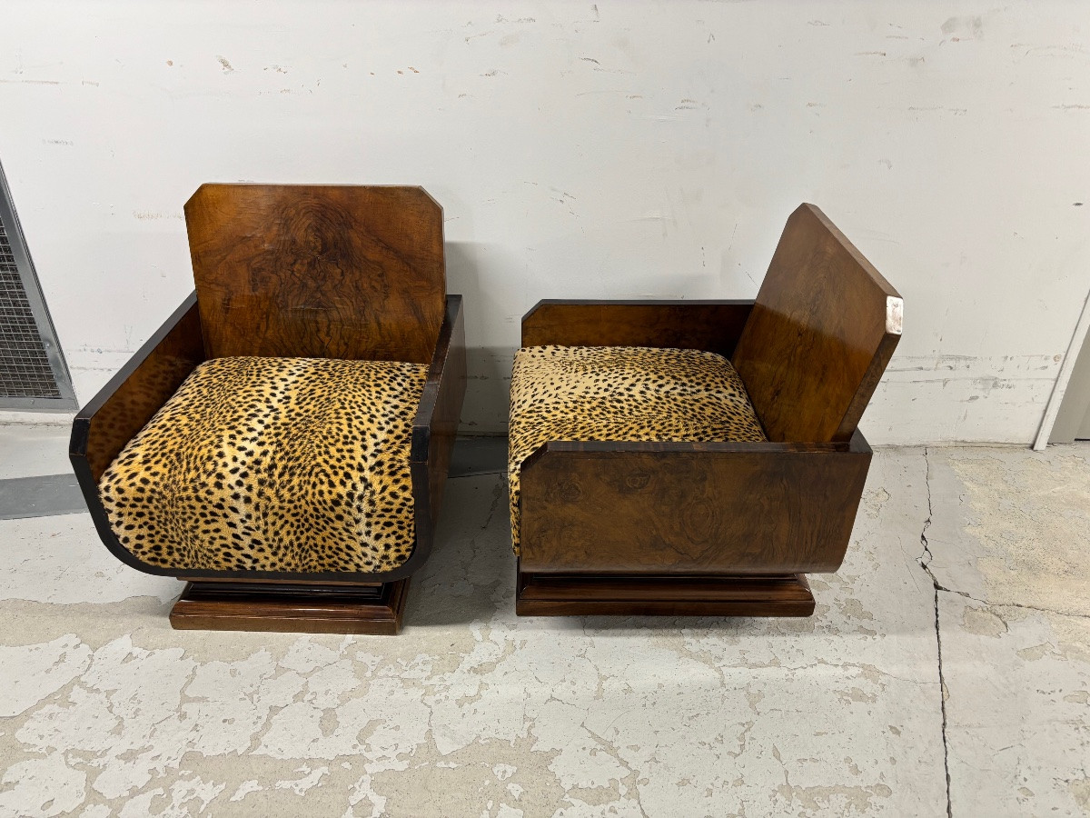 Paire de fauteuils Art Déco en placage de noyer et assise léopard  vers 1930-photo-3