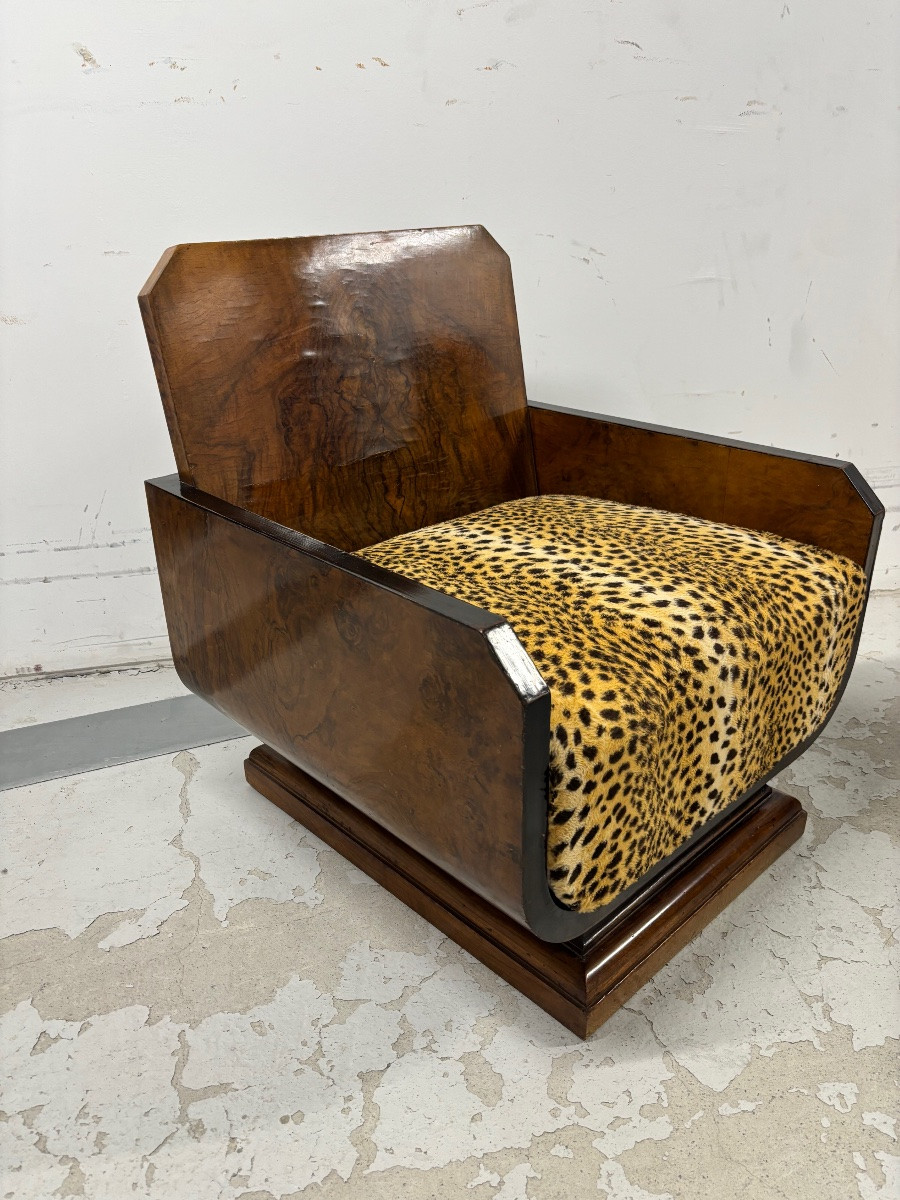Paire de fauteuils Art Déco en placage de noyer et assise léopard  vers 1930-photo-4