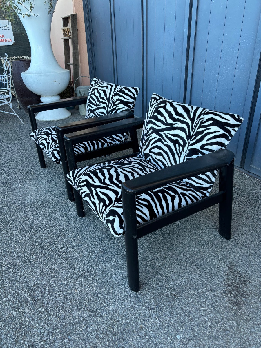 Paire de fauteuils lounge vintage, structure bois noir, tissu zèbre, circa 1980-photo-2
