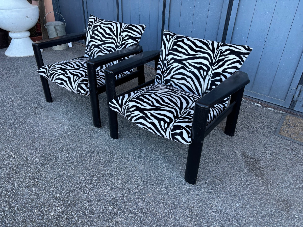 Paire de fauteuils lounge vintage, structure bois noir, tissu zèbre, circa 1980-photo-3