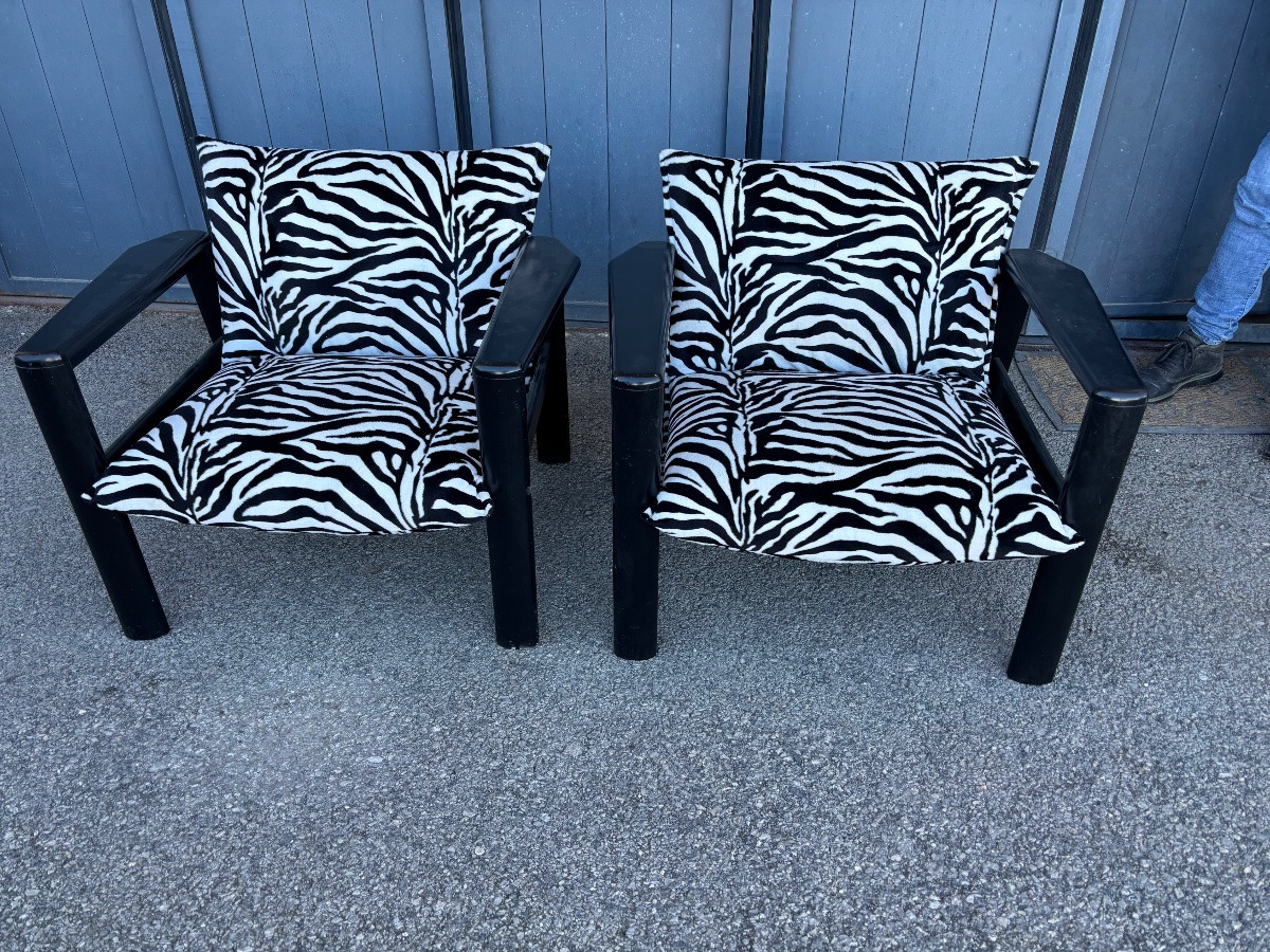 Paire de fauteuils lounge vintage, structure bois noir, tissu zèbre, circa 1980-photo-4