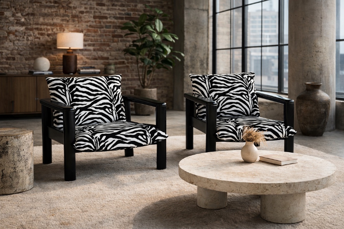 Paire de fauteuils lounge vintage, structure bois noir, tissu zèbre, circa 1980-photo-2