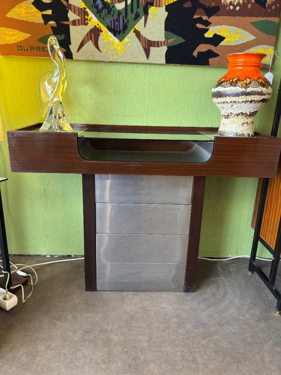 Console moderniste années 70 en palissandre, aluminium et verre fumé – Design vintage Space Age-photo-2