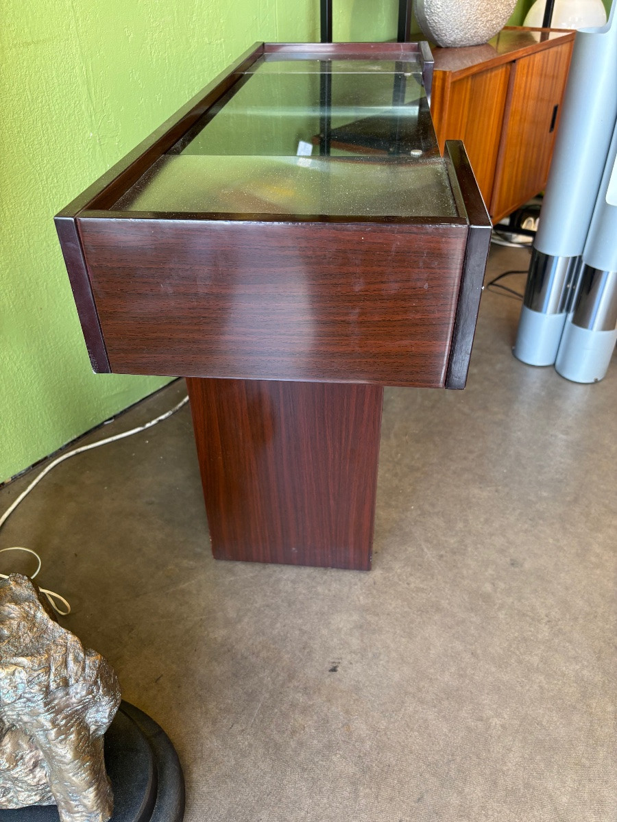 Console moderniste années 70 en palissandre, aluminium et verre fumé – Design vintage Space Age-photo-3