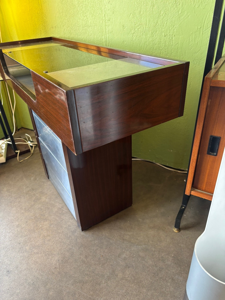 Console moderniste années 70 en palissandre, aluminium et verre fumé – Design vintage Space Age-photo-4