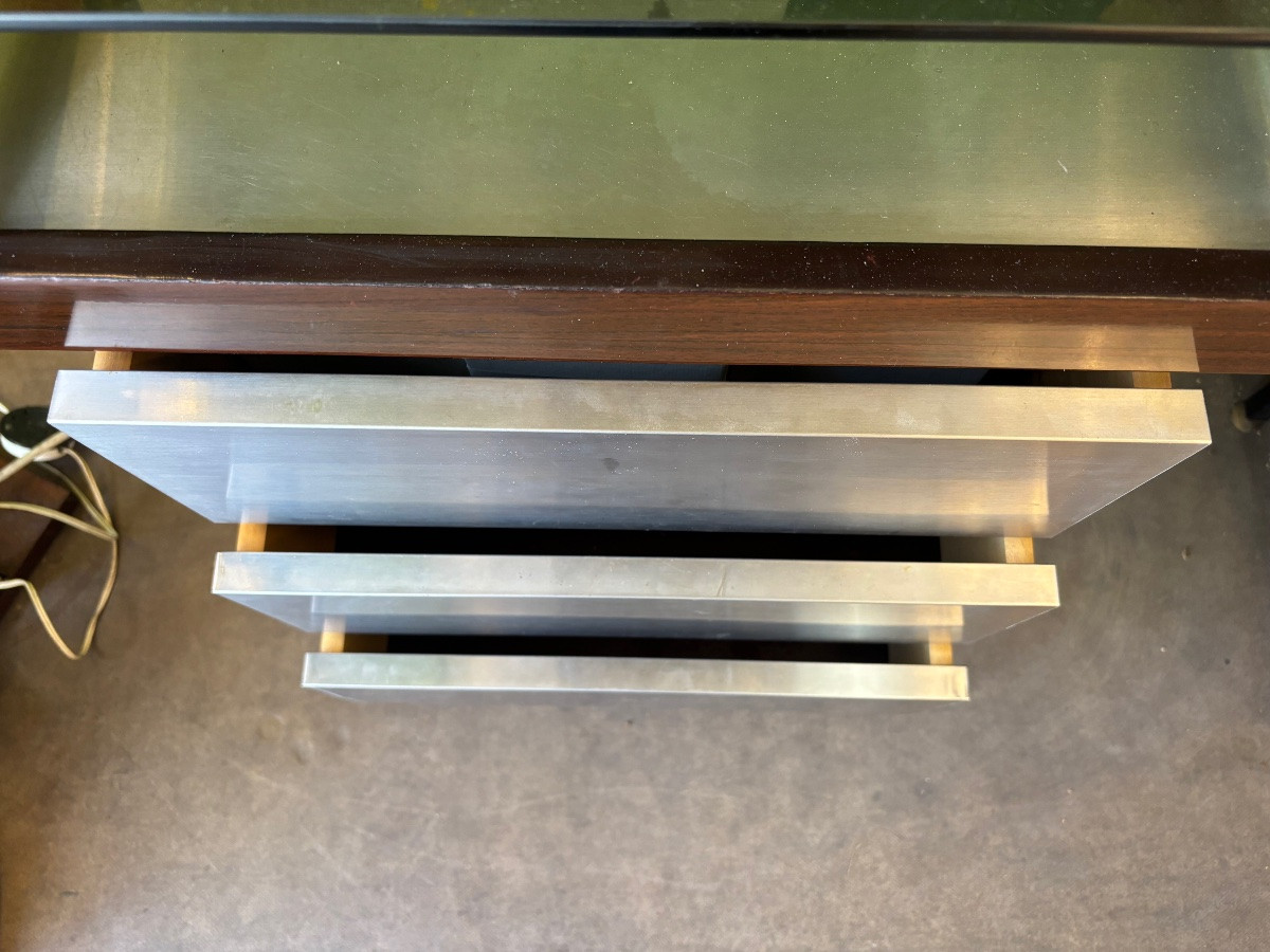 Console moderniste années 70 en palissandre, aluminium et verre fumé – Design vintage Space Age-photo-3