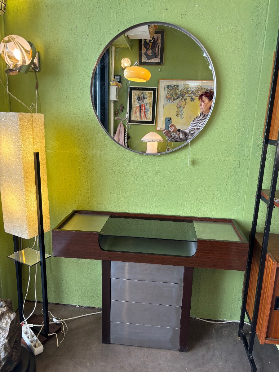 Console moderniste années 70 en palissandre, aluminium et verre fumé – Design vintage Space Age-photo-4