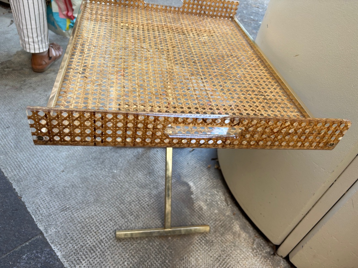 Christian Dior Home Coffee Table / Tray Table In Cane In Plexiglass And Gold Brass-photo-3
