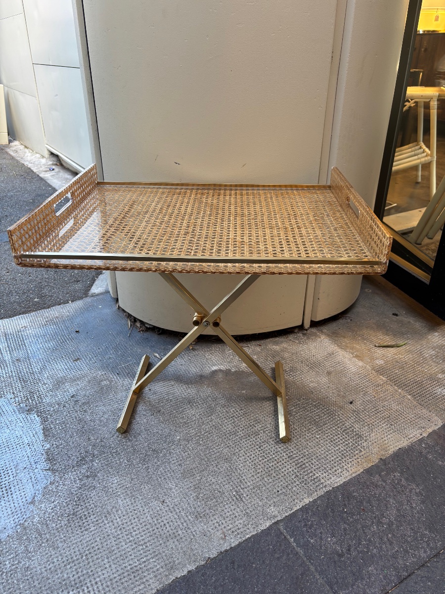 Christian Dior Home Coffee Table / Tray Table In Cane In Plexiglass And Gold Brass-photo-6