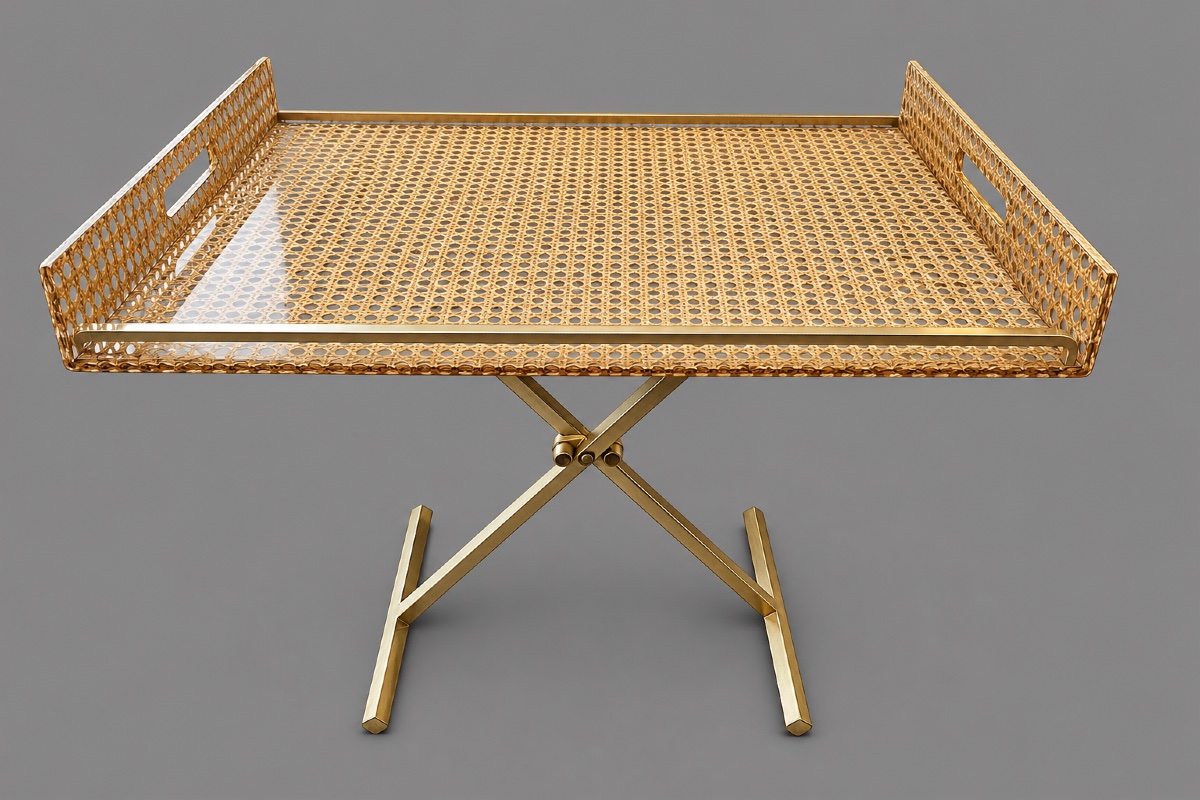 Christian Dior Home Coffee Table / Tray Table In Cane In Plexiglass And Gold Brass