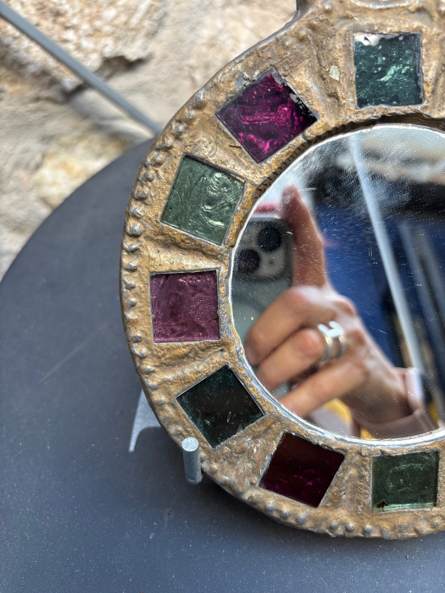 Mirror Irena Jaworska, Colored Glass And Hammered Metal, Brutalist Design From The 70s-photo-2