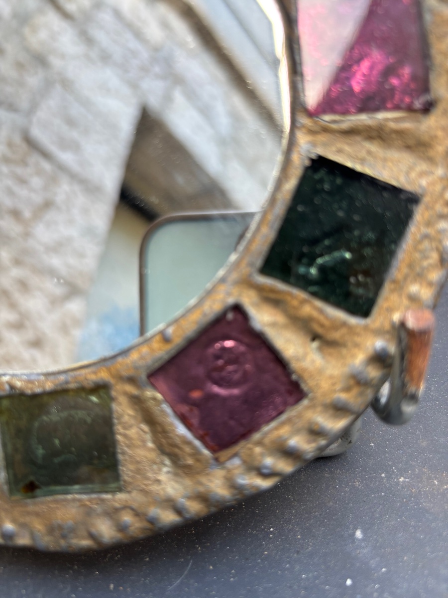 Mirror Irena Jaworska, Colored Glass And Hammered Metal, Brutalist Design From The 70s-photo-4