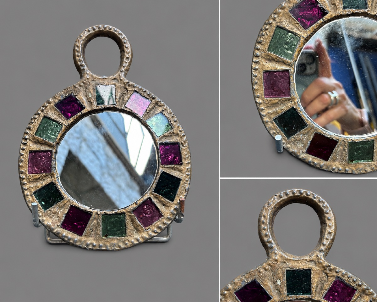 Mirror Irena Jaworska, Colored Glass And Hammered Metal, Brutalist Design From The 70s-photo-1
