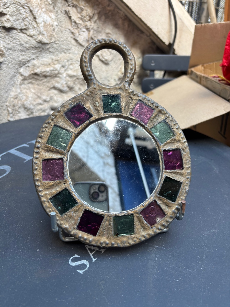Mirror Irena Jaworska, Colored Glass And Hammered Metal, Brutalist Design From The 70s-photo-2