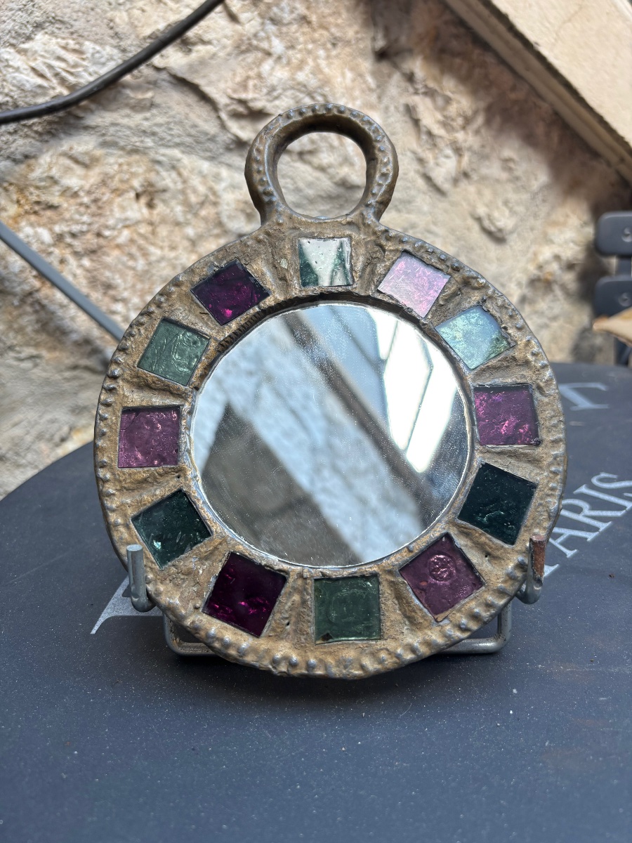 Mirror Irena Jaworska, Colored Glass And Hammered Metal, Brutalist Design From The 70s-photo-3