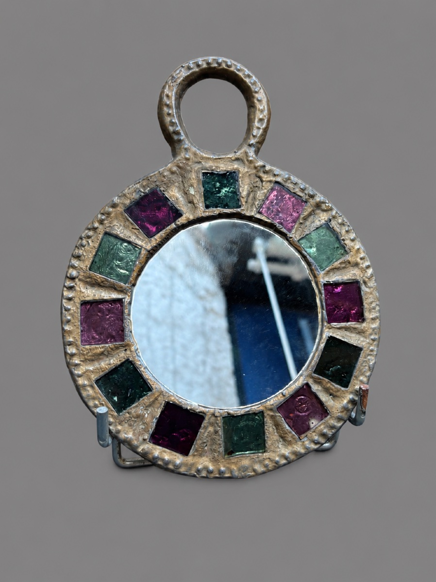 Mirror Irena Jaworska, Colored Glass And Hammered Metal, Brutalist Design From The 70s