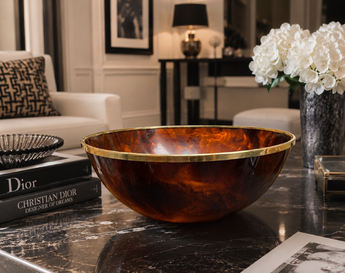 Large Dior Home Bowl In Amber Tortoiseshell-effect Resin And Brass-photo-4