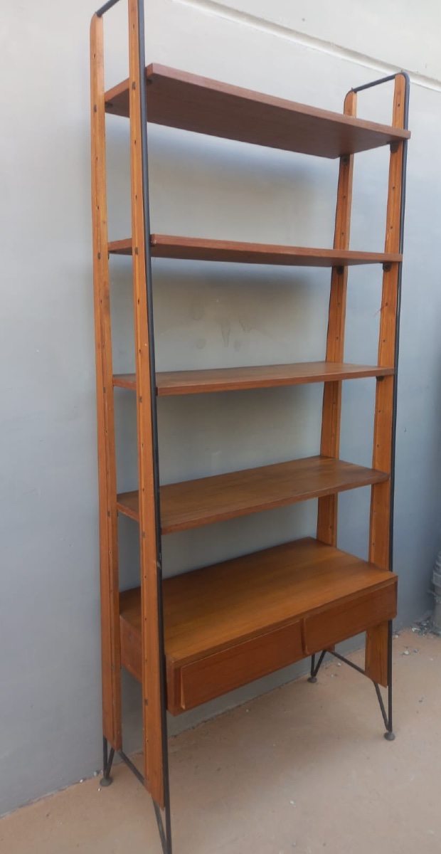 1960s Scandinavian Teak And Black Metal Bookcase – Vintage Designer Shelving Unit With Drawers-photo-3