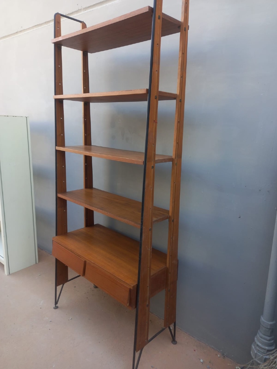 1960s Scandinavian Teak And Black Metal Bookcase – Vintage Designer Shelving Unit With Drawers-photo-4
