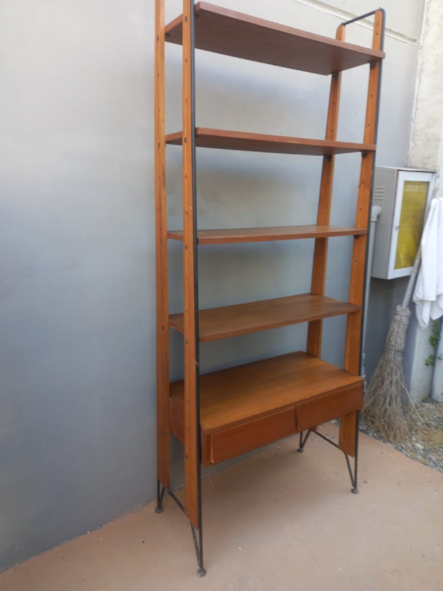 1960s Scandinavian Teak And Black Metal Bookcase – Vintage Designer Shelving Unit With Drawers-photo-1