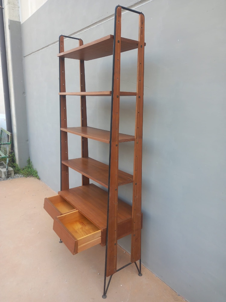 1960s Scandinavian Teak And Black Metal Bookcase – Vintage Designer Shelving Unit With Drawers-photo-2