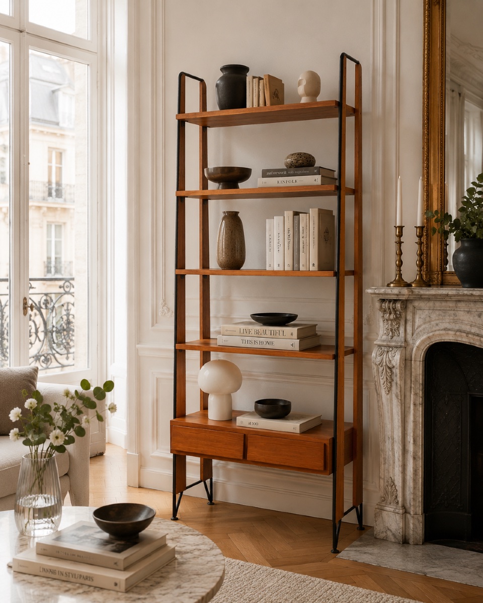 1960s Scandinavian Teak And Black Metal Bookcase – Vintage Designer Shelving Unit With Drawers-photo-5