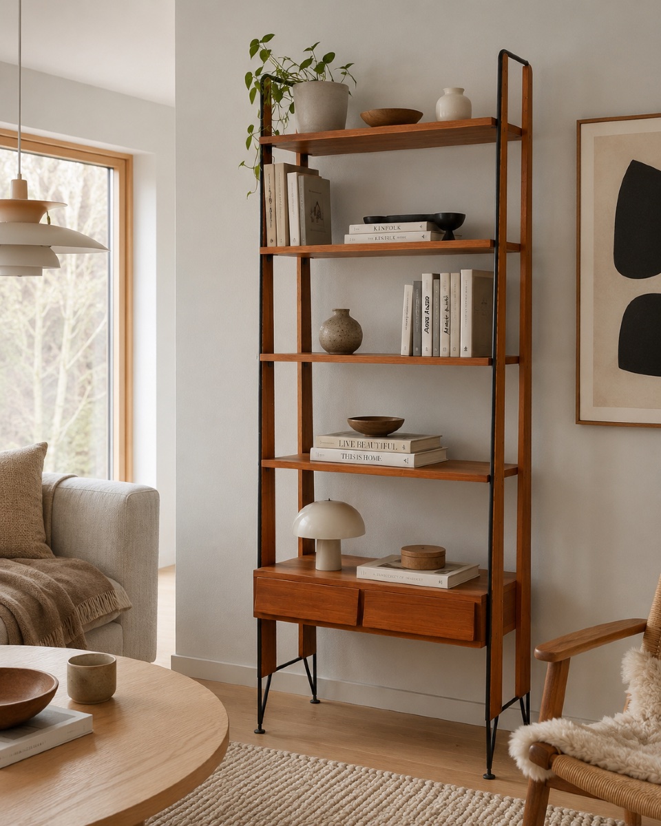 1960s Scandinavian Teak And Black Metal Bookcase – Vintage Designer Shelving Unit With Drawers-photo-6