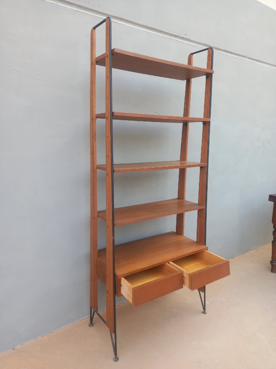 1960s Scandinavian Teak And Black Metal Bookcase – Vintage Designer Shelving Unit With Drawers-photo-8