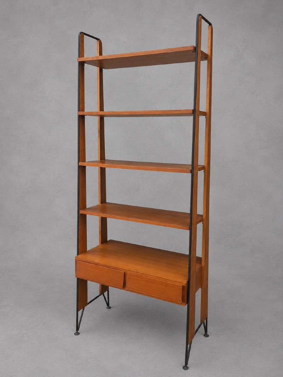 1960s Scandinavian Teak And Black Metal Bookcase – Vintage Designer Shelving Unit With Drawers