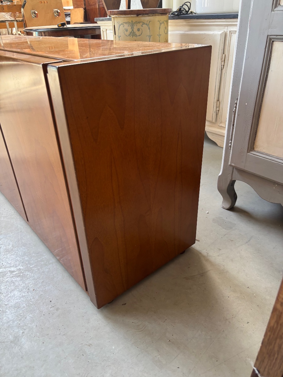 Vintage Low Sideboard In Walnut – 1970s Scandinavian-style Storage Cabinet – 3 Drawers-photo-4