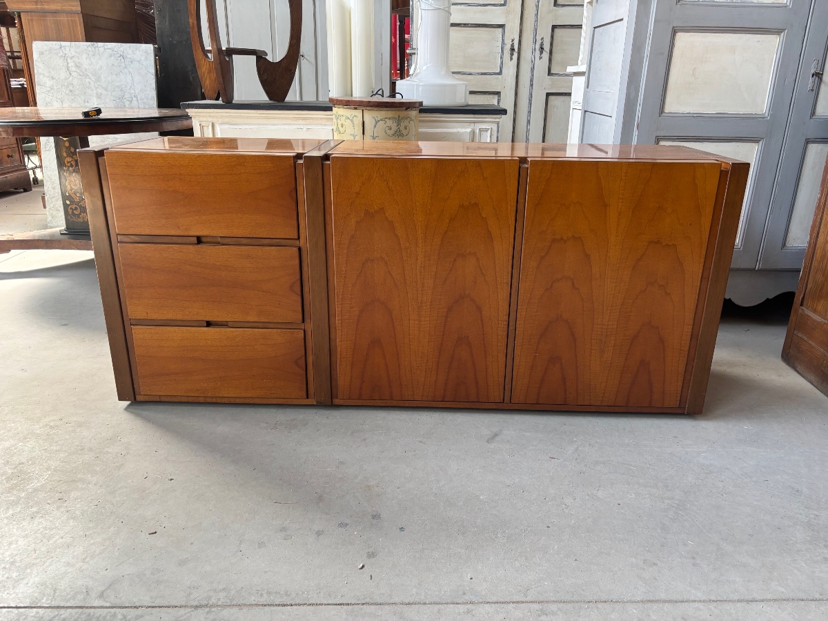 Vintage Low Sideboard In Walnut – 1970s Scandinavian-style Storage Cabinet – 3 Drawers-photo-5