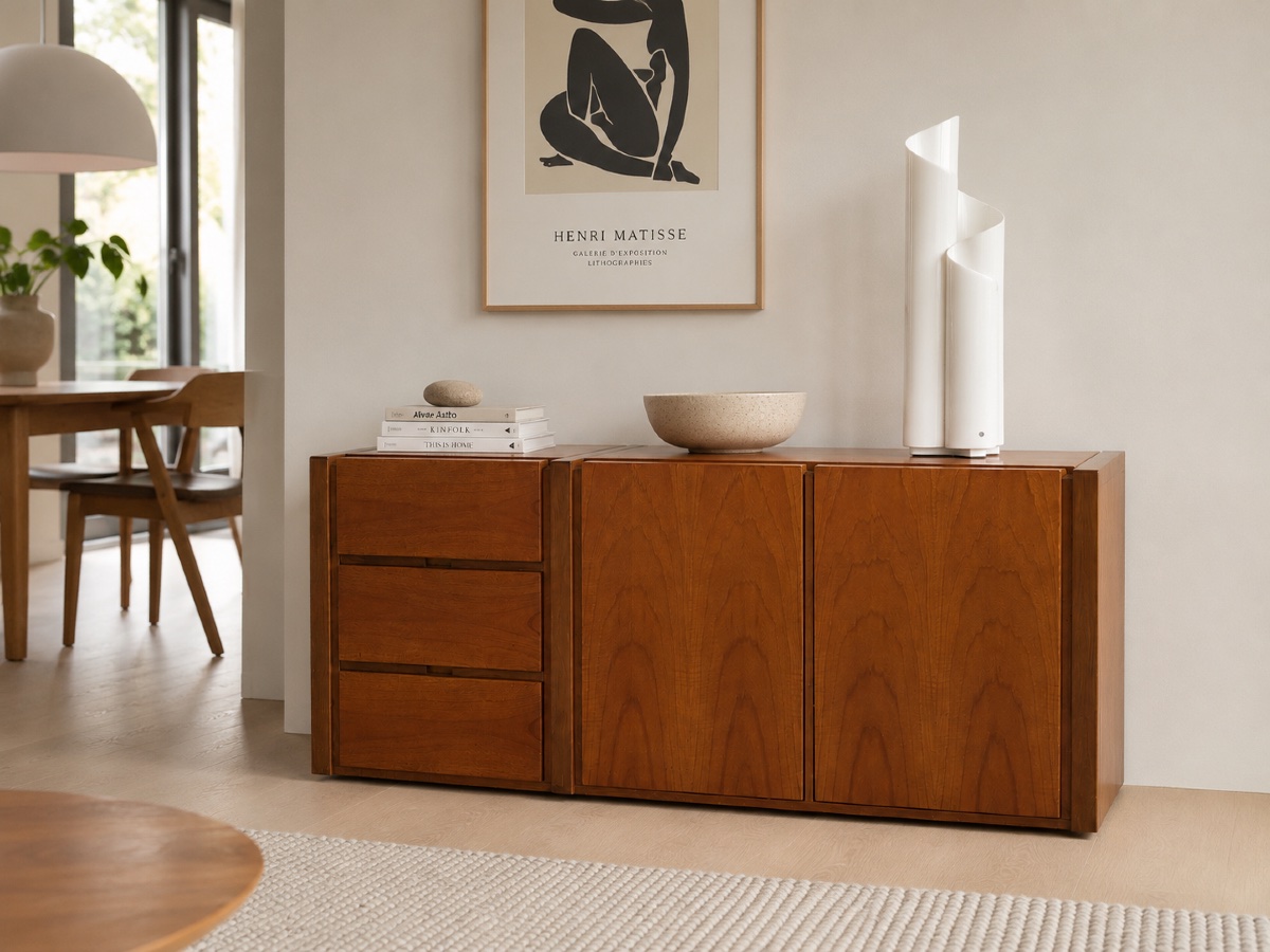 Vintage Low Sideboard In Walnut – 1970s Scandinavian-style Storage Cabinet – 3 Drawers-photo-6