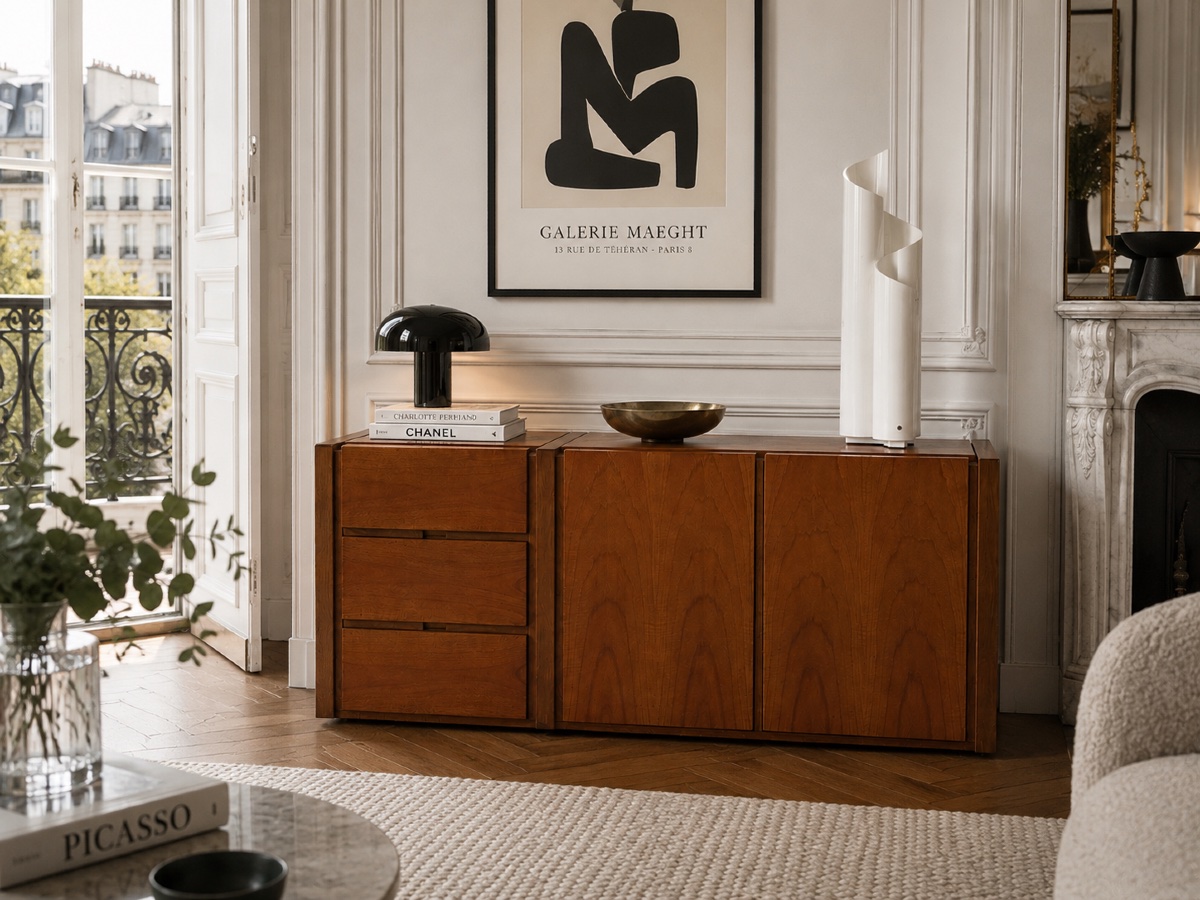 Vintage Low Sideboard In Walnut – 1970s Scandinavian-style Storage Cabinet – 3 Drawers-photo-7