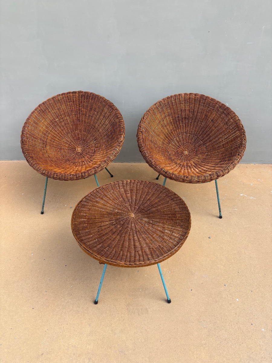 Vintage Rattan Patio Set—2 Shell Chairs And A Coffee Table—1960s/70s-photo-1