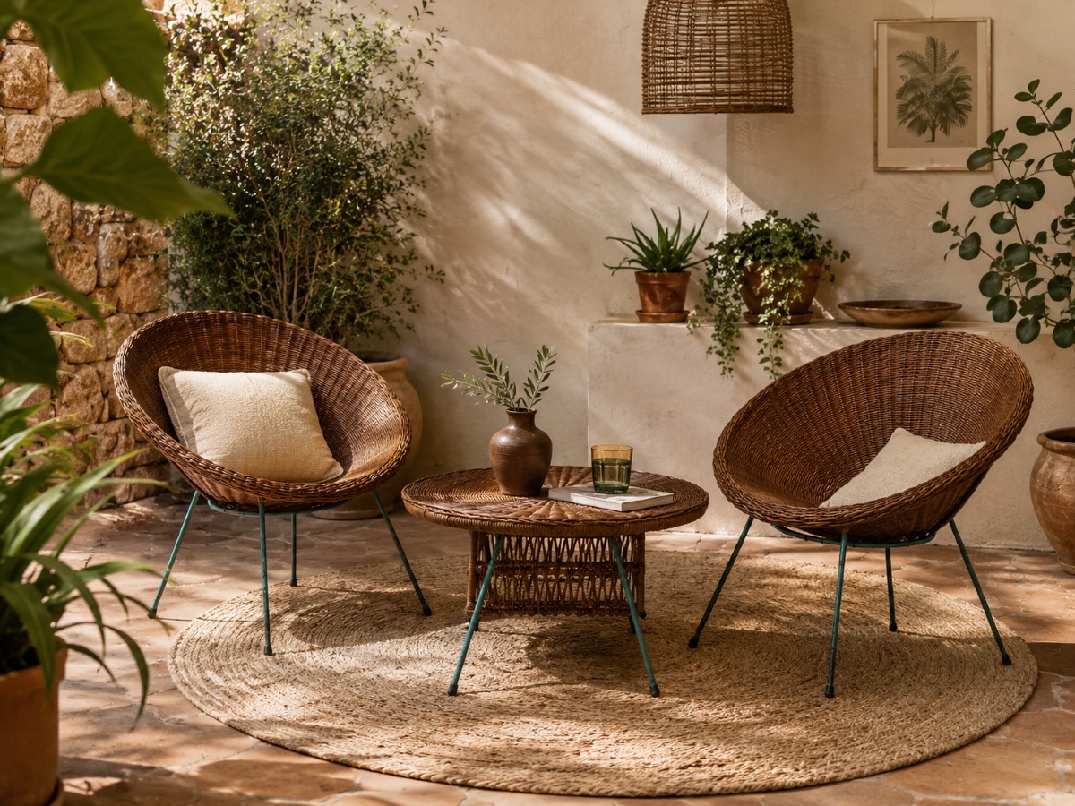 Vintage Rattan Patio Set—2 Shell Chairs And A Coffee Table—1960s/70s-photo-5