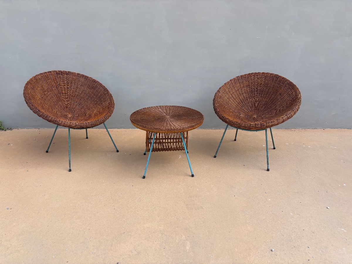 Vintage Rattan Patio Set—2 Shell Chairs And A Coffee Table—1960s/70s