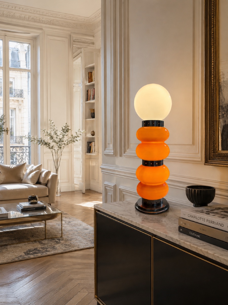 Lampe à poser vintage sculpturale en verre opalin orange et métal-photo-6