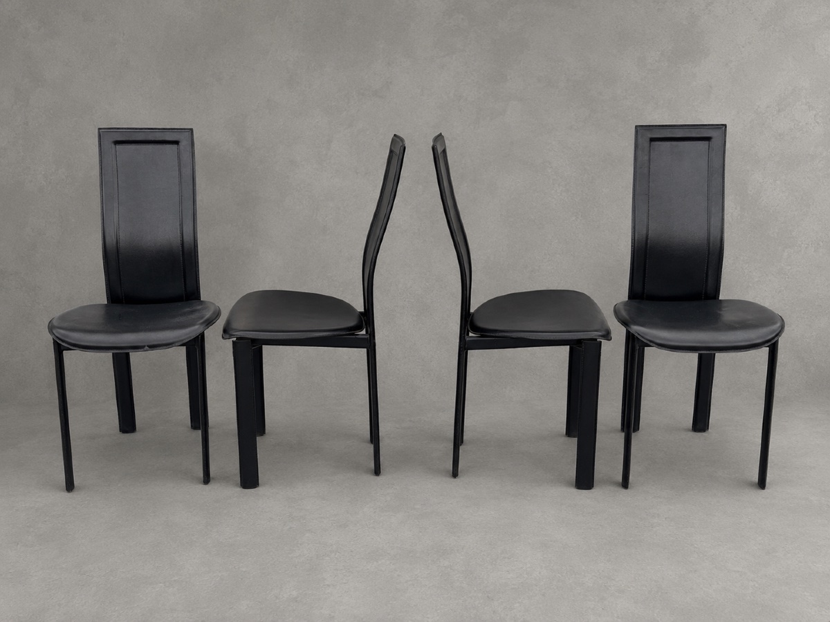 Set Of 4 Designer Chairs In Black Leather – 20th Century – Fully Upholstered In Leather-photo-2