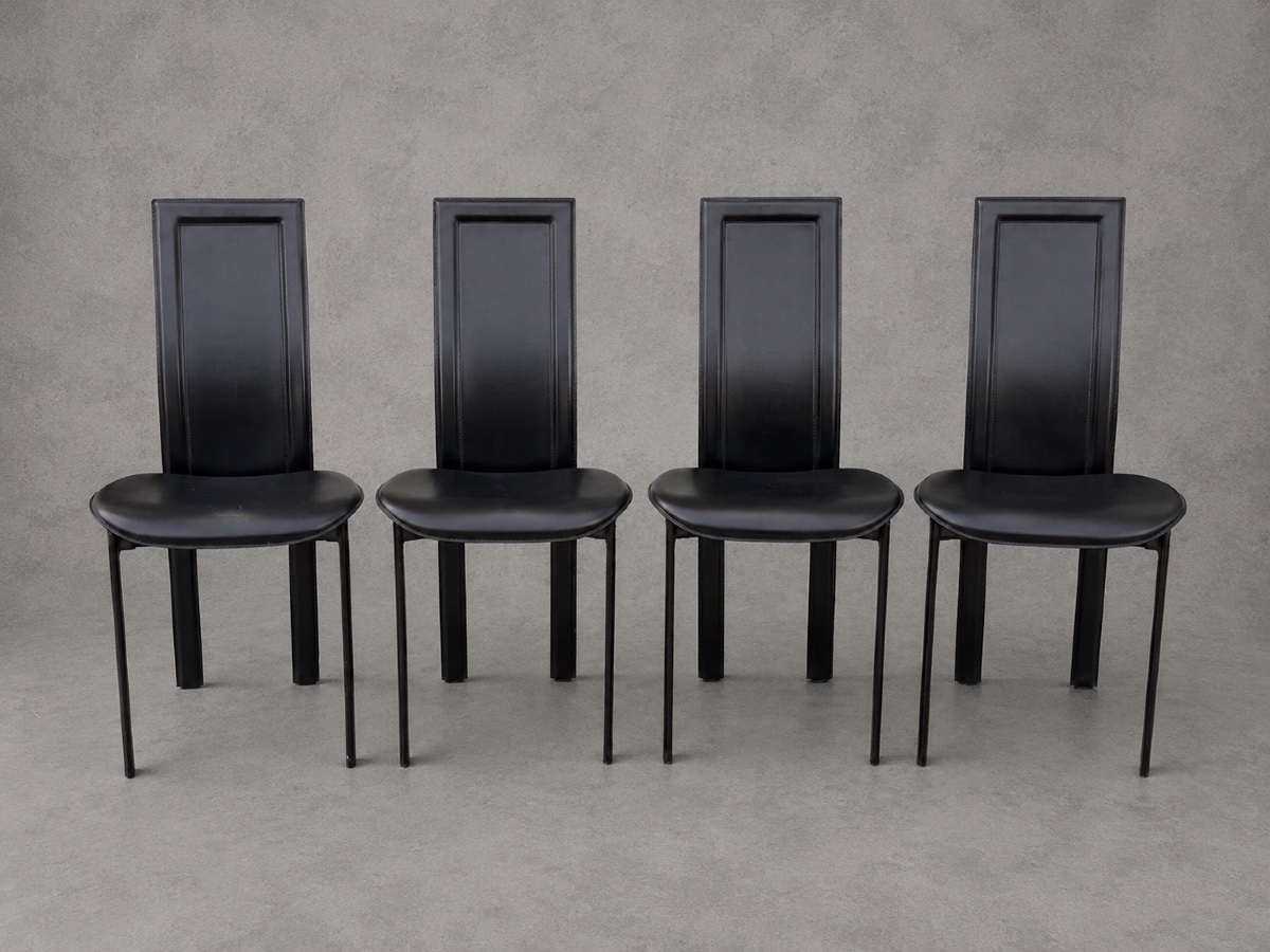 Set Of 4 Designer Chairs In Black Leather – 20th Century – Fully Upholstered In Leather