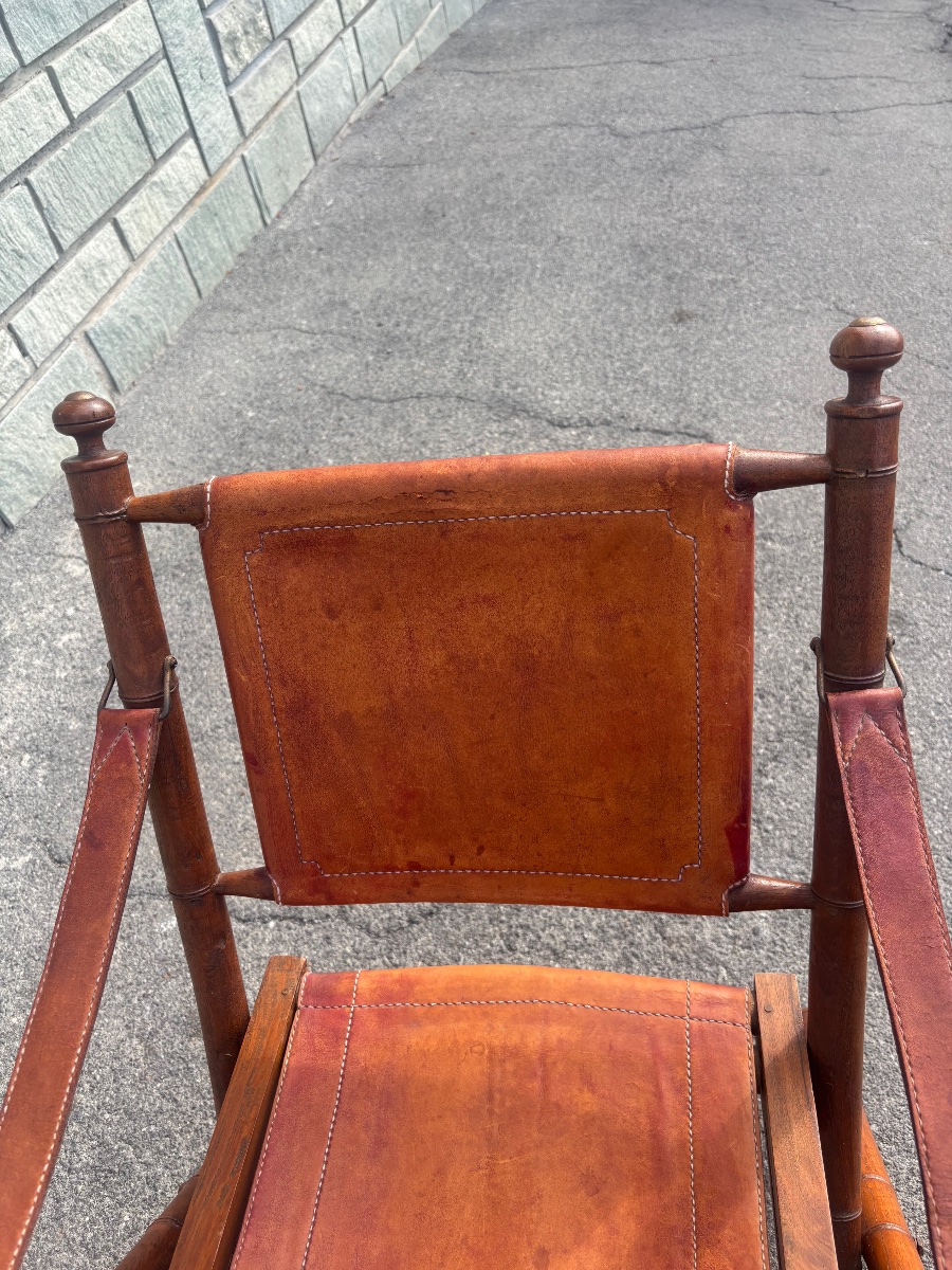 Wood And Leather Safari Armchair – Colonial Style, 1940s/50s-photo-4