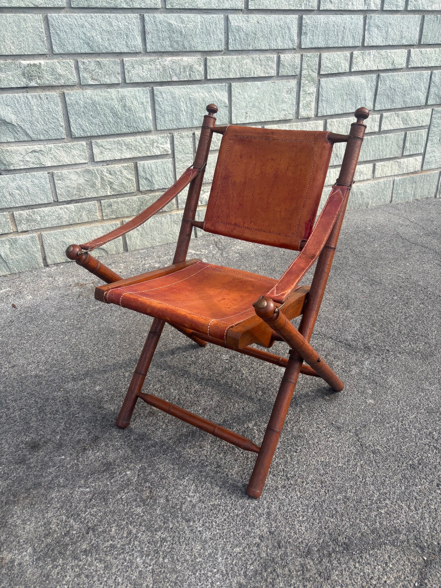 Wood And Leather Safari Armchair – Colonial Style, 1940s/50s-photo-1