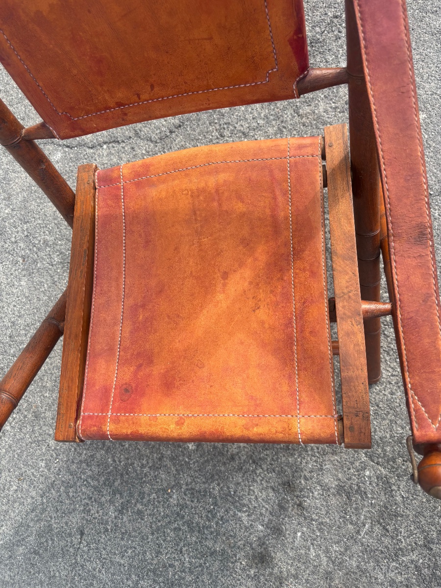 Wood And Leather Safari Armchair – Colonial Style, 1940s/50s-photo-3