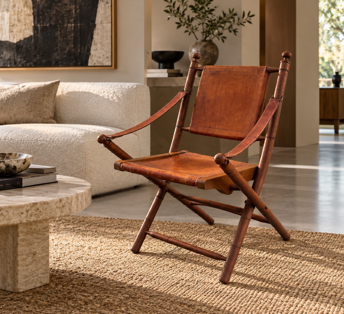 Wood And Leather Safari Armchair – Colonial Style, 1940s/50s-photo-6