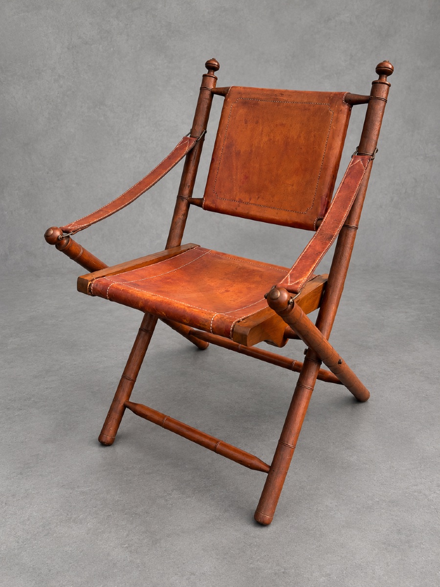 Wood And Leather Safari Armchair – Colonial Style, 1940s/50s