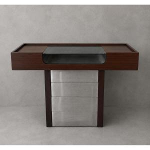 Console moderniste années 70 en palissandre, aluminium et verre fumé – Design vintage Space Age