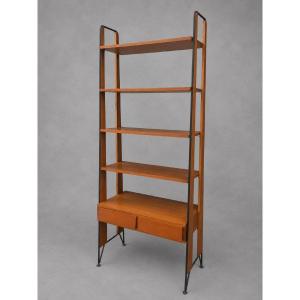 1960s Scandinavian Teak And Black Metal Bookcase – Vintage Designer Shelving Unit With Drawers