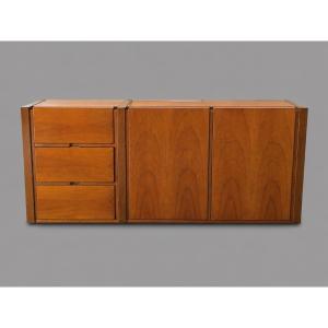 Enfilade basse vintage en noyer – Meuble de rangement design scandinave années 1970 – 3 tiroirs
